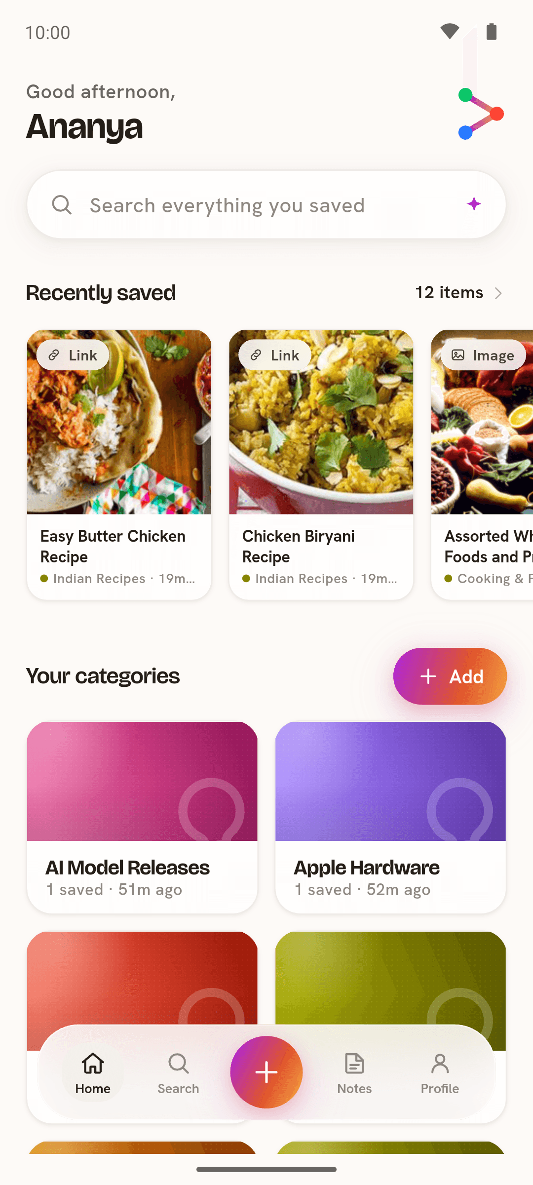 The Pockit home screen: a greeting, a search bar, recently saved cards, and a grid of auto-formed category tiles