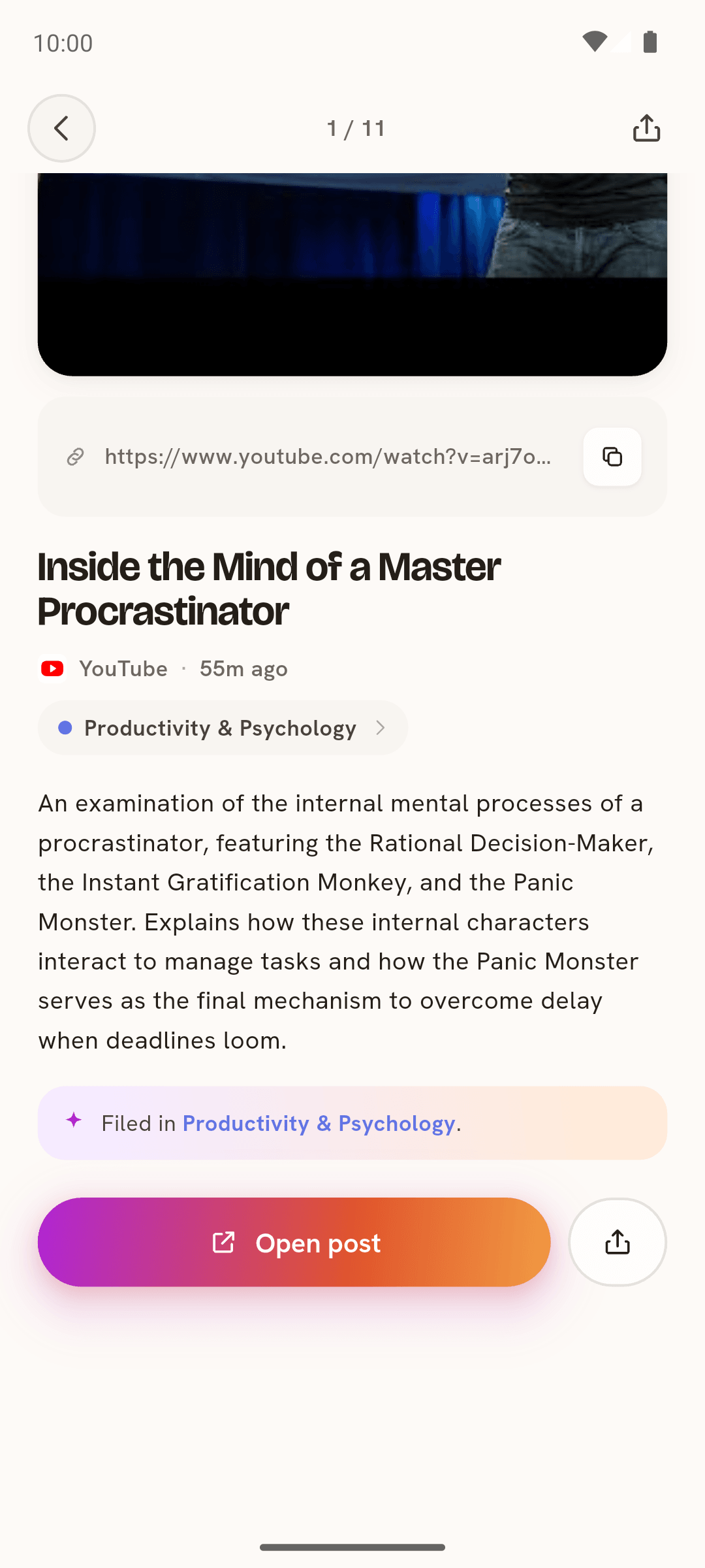 A saved YouTube video in Pockit with the real thumbnail, source link, an AI-written description, and the line Filed in Productivity and Psychology