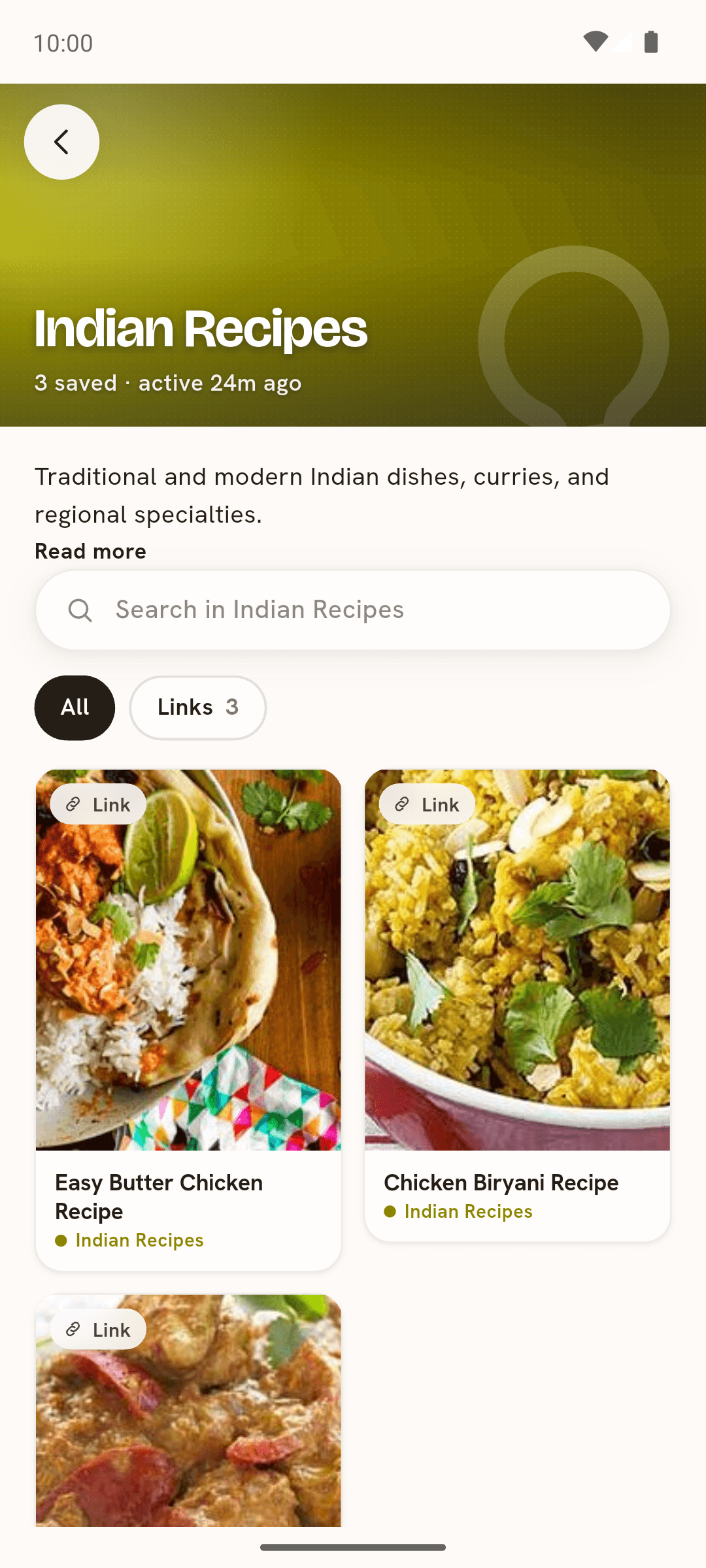 A Pockit category, Indian Recipes, with three saved links shown as real food-photo cards and an in-category search