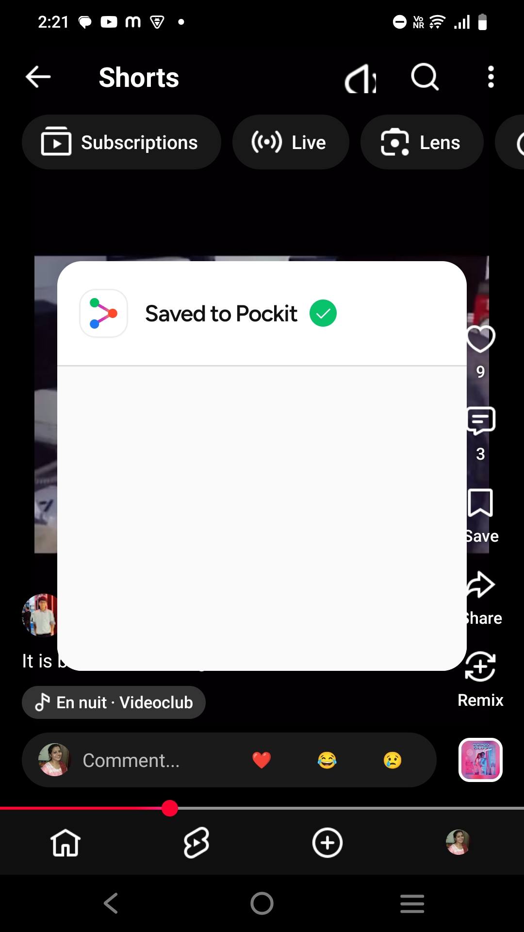 A YouTube Short with the Pockit confirmation, Saved to Pockit, laid over it