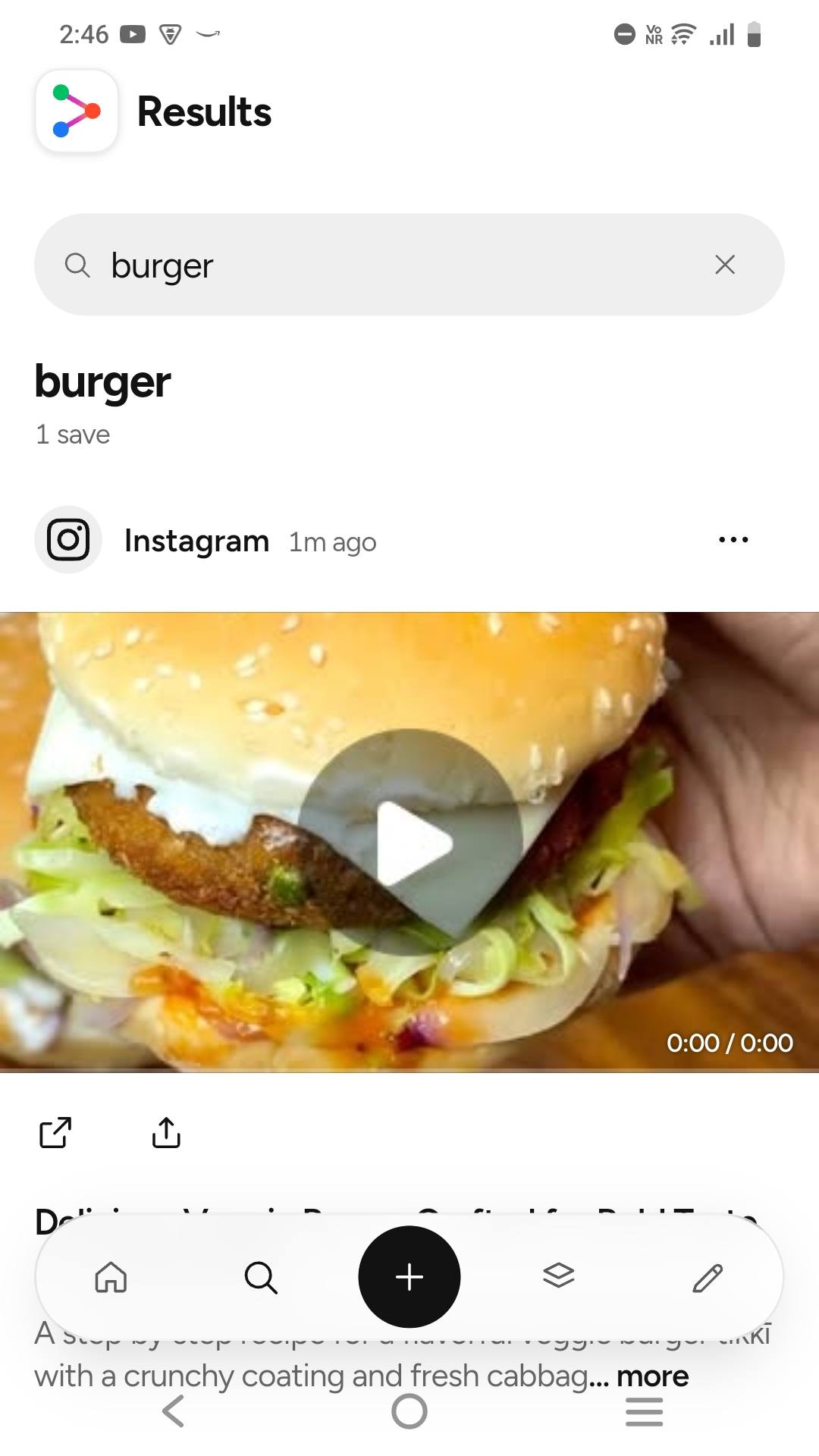 Pockit search results for burger, finding a saved Instagram reel