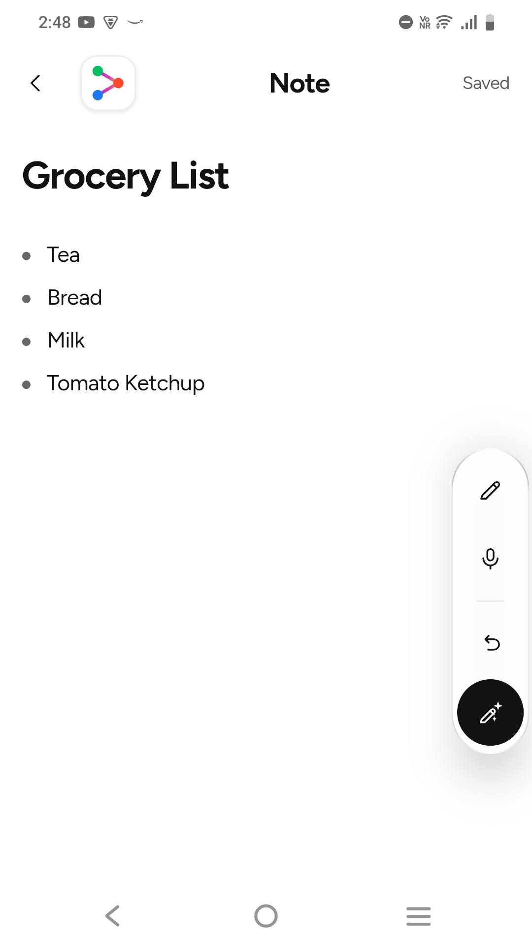 A Pockit note, Grocery List, with the format button in the tool rail