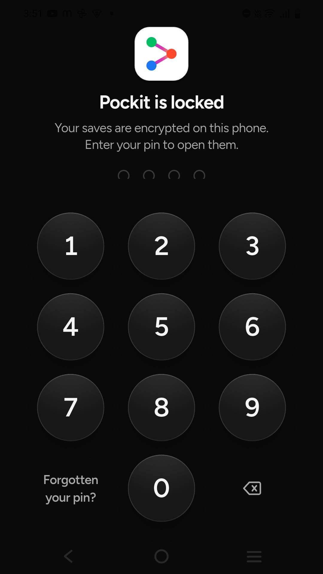Pockit is locked: the four digit PIN pad