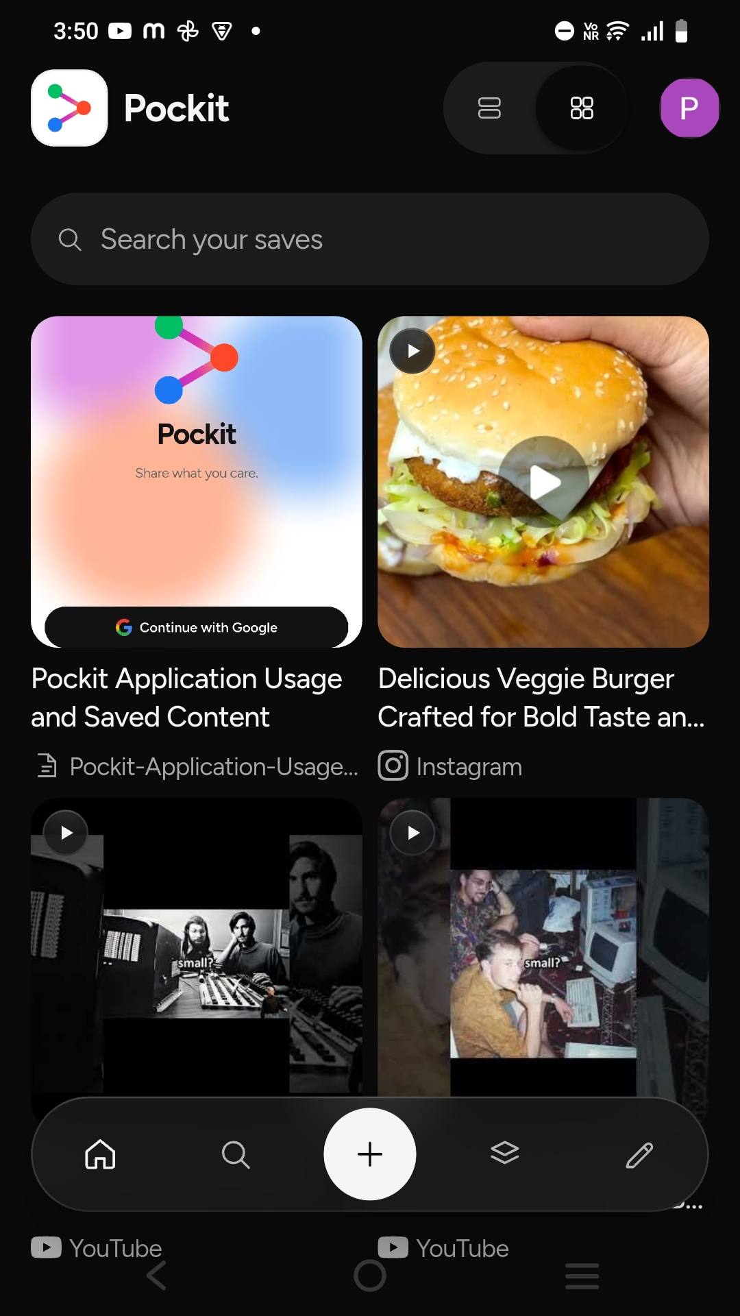 Pockit in dark mode, showing saved reels and videos as a grid